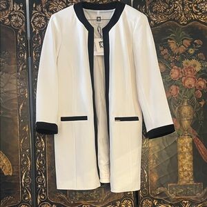Anne Klein White Collarless Open-Front Coat with Black Trim